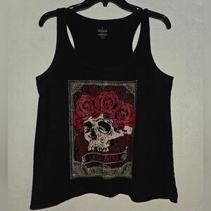 Torrid Black Tank Top with Skull and Red Floral Design